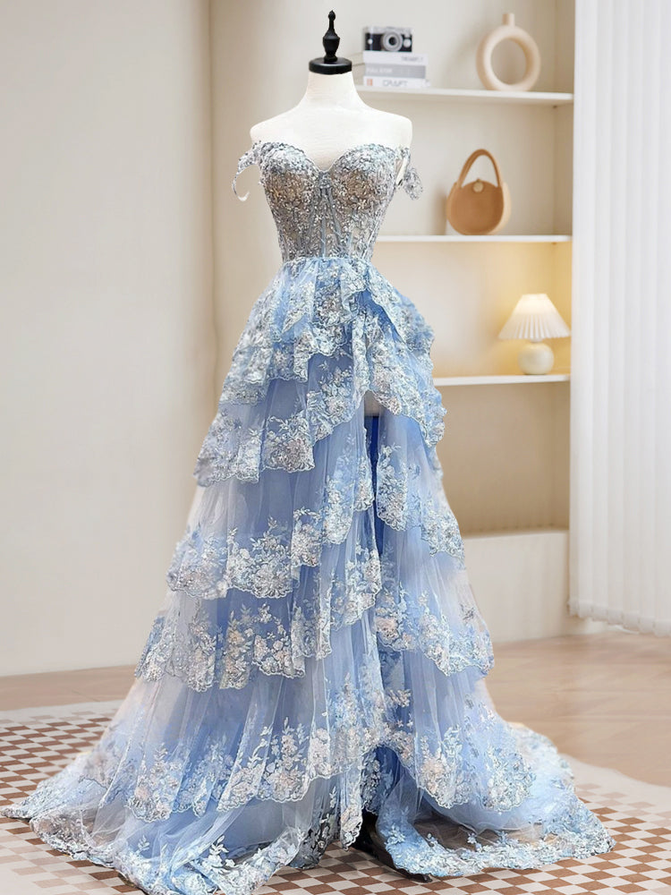 Navy Blue Ball Gown Sweetheart Floor-Length Tulle Prom Dress with Tiered Lace Appliqué