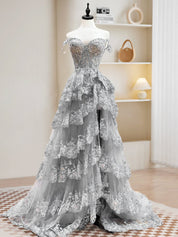 Navy Blue Ball Gown Sweetheart Floor-Length Tulle Prom Dress with Tiered Lace Appliqué