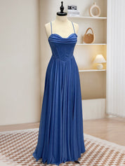 A-Line Sweetheart Neck Blue Long Prom Dress, Backless Blue Long Evening Dress