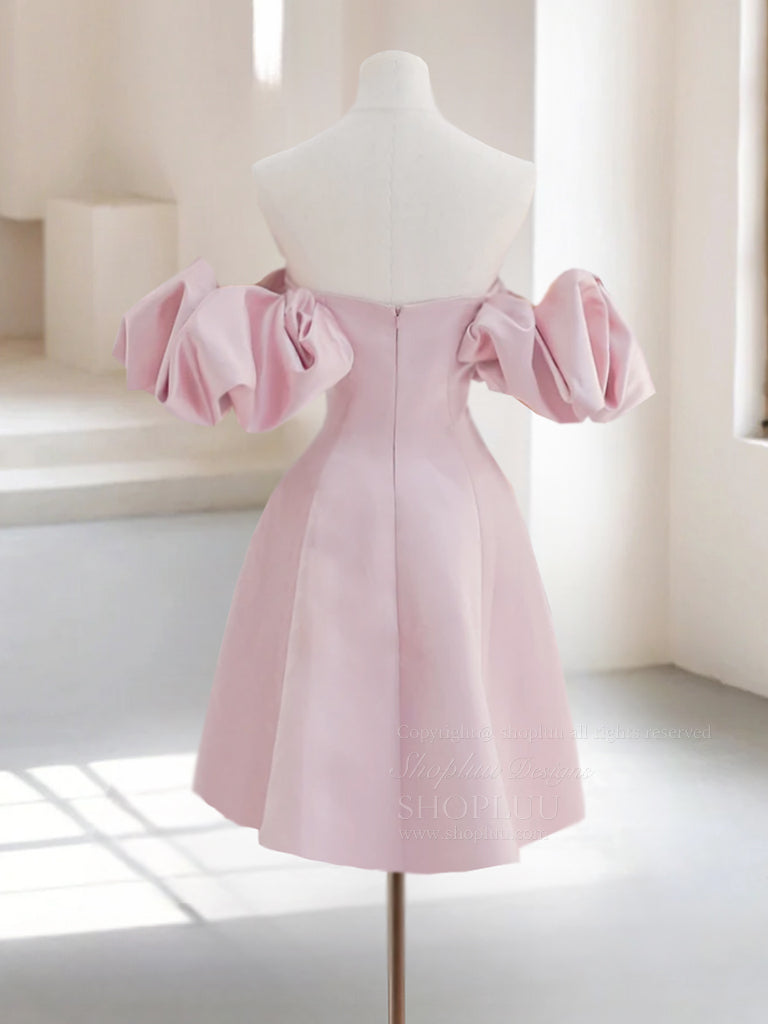 A-Line Off Shoulder Satin Pink Short Prom Dress, Pink Homecoming Dress