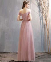 A-Line Blush Pink Off-the-Shoulder Floor-Length Tulle Prom Dress with Pleated Bodice