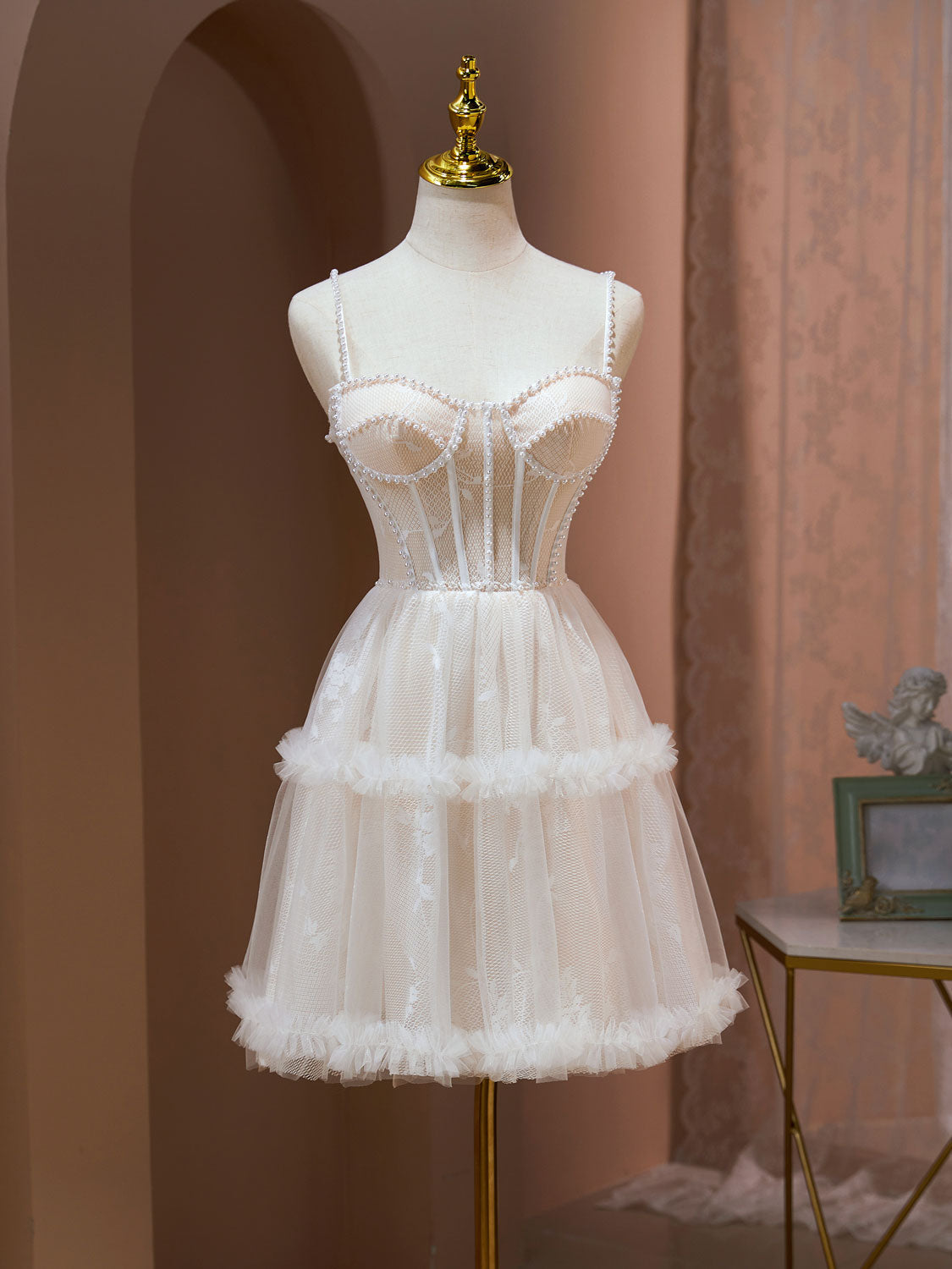 Ivory A-Line Sweetheart Mini Tulle Homecoming Dress with Corset Bodice and Beaded Trim