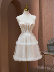 Ivory A-Line Sweetheart Mini Tulle Homecoming Dress with Corset Bodice and Beaded Trim
