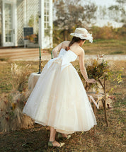 A-Line Sweetheart Neck Tea-Length Ivory Tulle Lace Homecoming Dress with Dotted Tulle Skirt