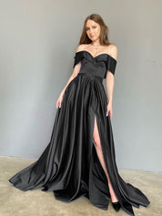 A-Line Off-the-Shoulder Floor-Length Navy Blue Satin Prom Dress with High Slit