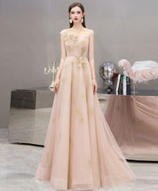 A-Line Illusion Square Neck Floor-Length Blush Pink Tulle Prom Dress with Floral Lace Appliqué