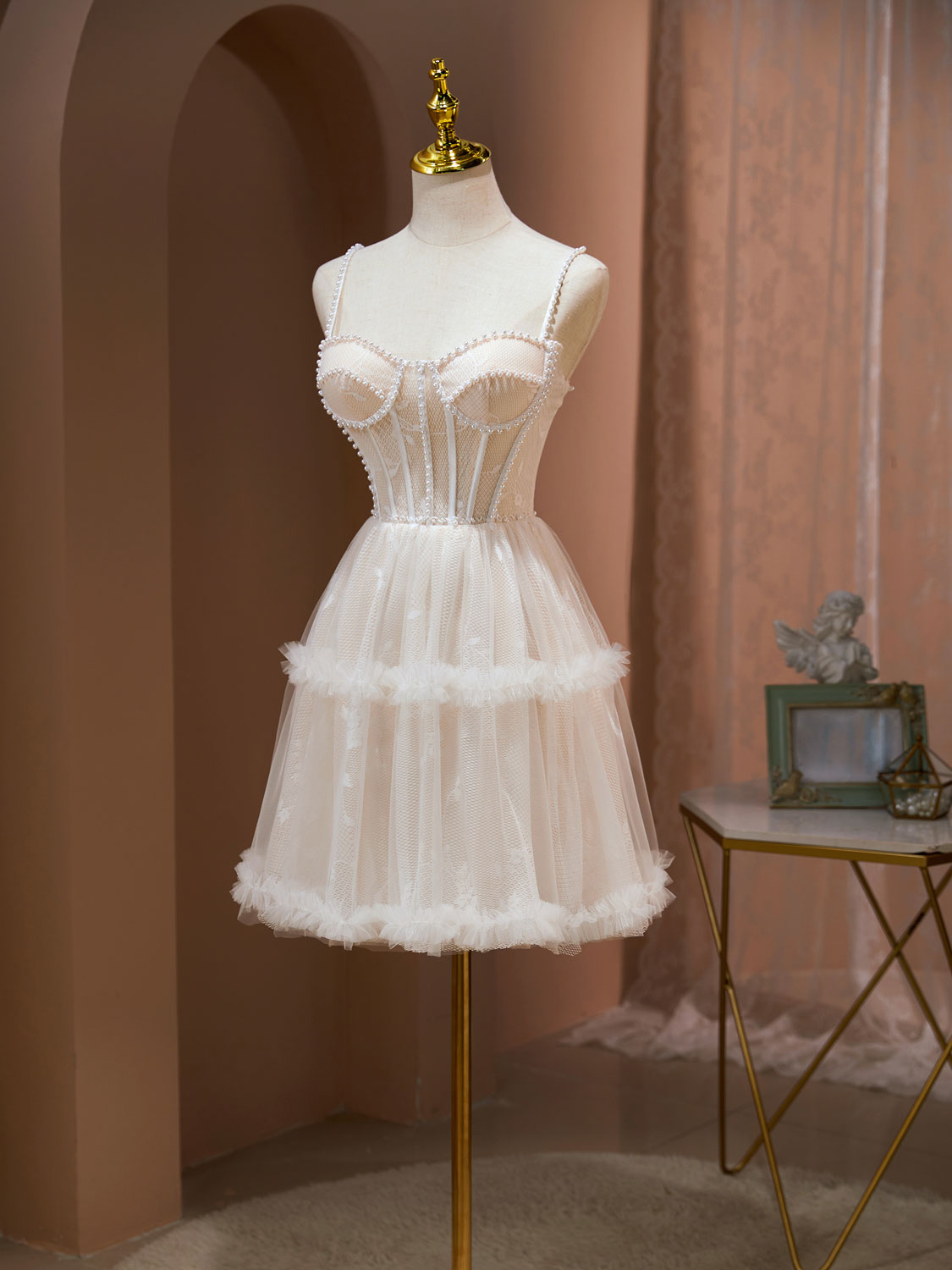 Ivory A-Line Sweetheart Mini Tulle Homecoming Dress with Corset Bodice and Beaded Trim