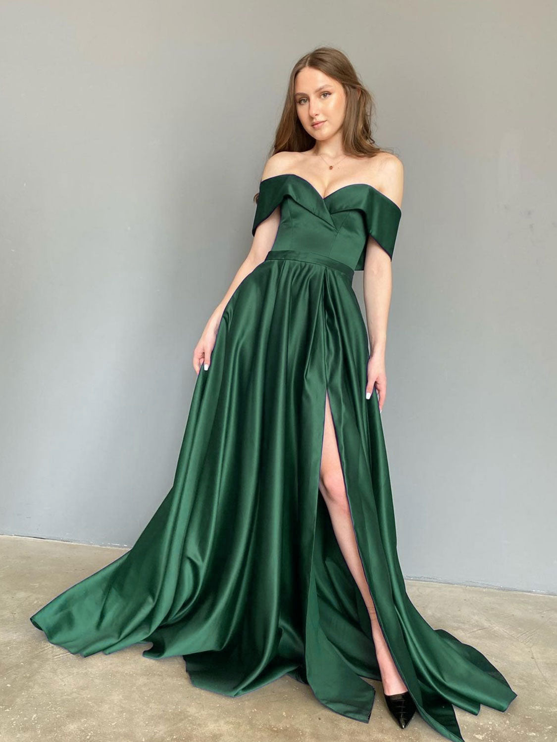 A-Line Off-the-Shoulder Floor-Length Navy Blue Satin Prom Dress with High Slit