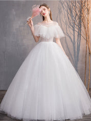 Ball Gown Illusion Off-the-Shoulder Floor-Length White Tulle Beaded Prom Dress