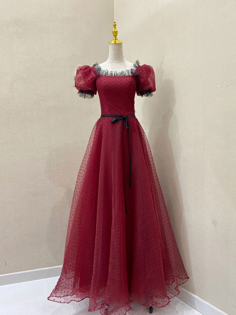 A-Line Square Neck Floor-Length Burgundy Tulle Lace Prom Dress with Puff Sleeves