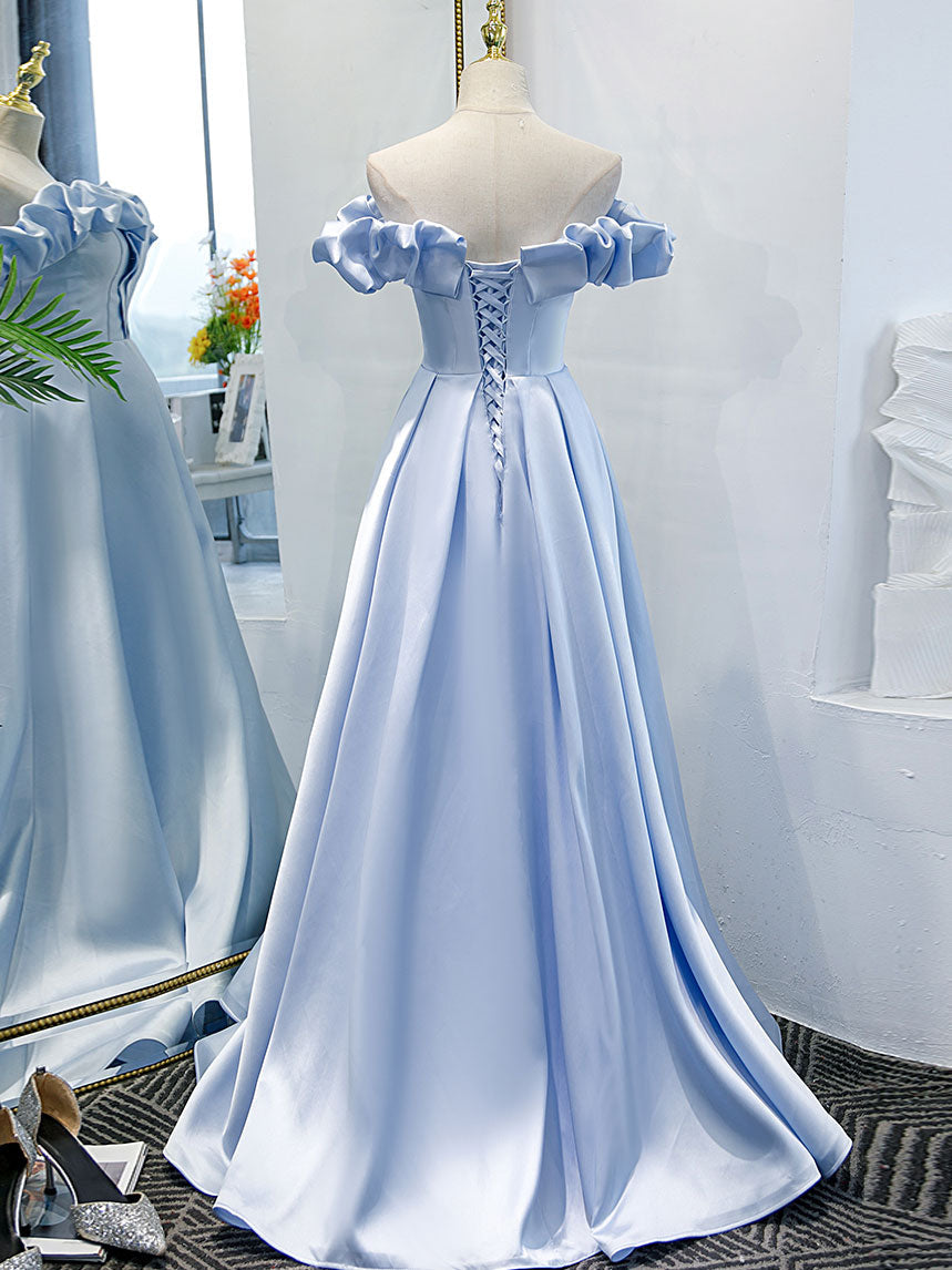 Ball Gown Sweetheart Neckline Floor-Length Light Blue Satin Prom Dress with Ruffled Off-Shoulder Sleeves