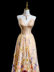 A-Line V Neck Tulle Lace Champagne Long Prom Dress, Champagne Formal Dress