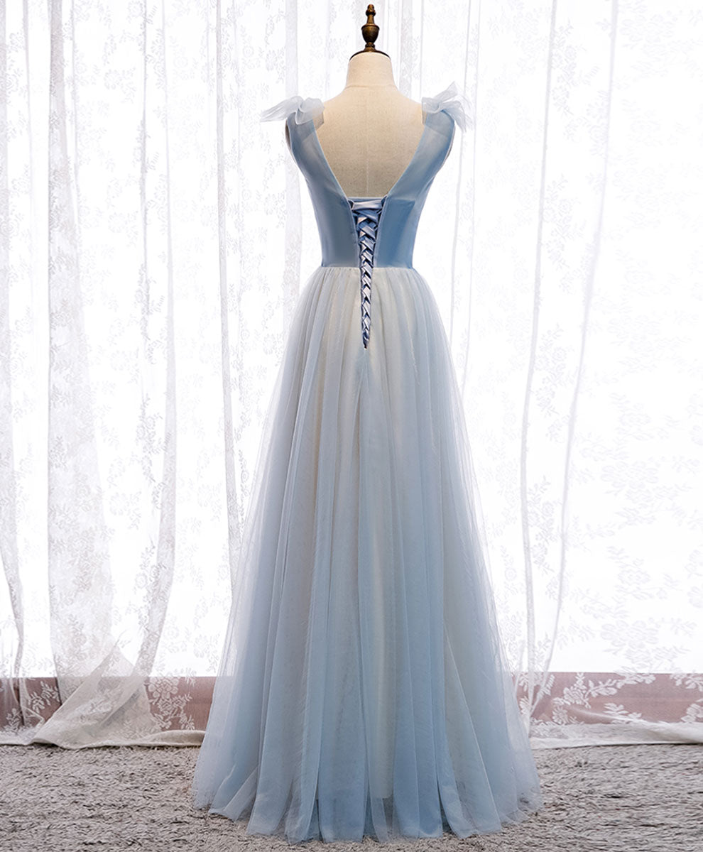 A-Line V-Neck Floor-Length Light Blue Tulle Prom Dress with Beaded Waist Detail