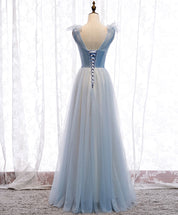 A-Line V-Neck Floor-Length Light Blue Tulle Prom Dress with Beaded Waist Detail