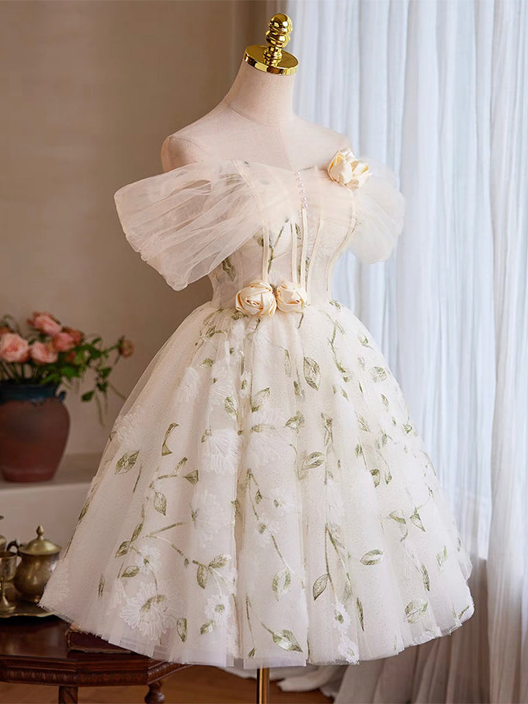 A-Line Off-the-Shoulder Knee-Length Ivory Tulle Lace Homecoming Dress with Floral Embroidery