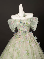 A-Line Off-Shoulder Tulle Lace Green Long Prom Dress | Elegant Formal Evening Gown