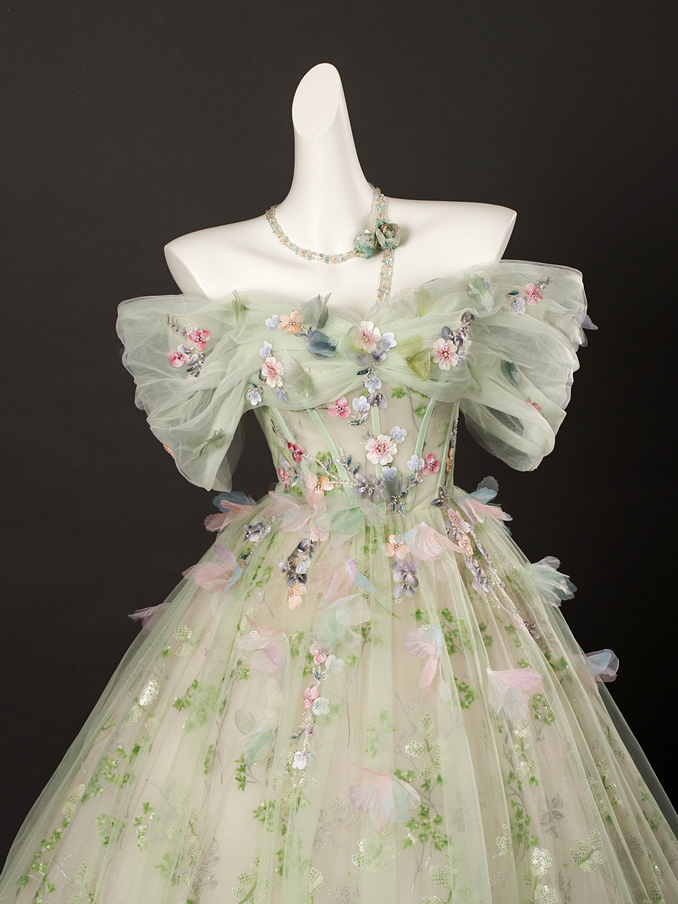 A-Line Off-Shoulder Tulle Lace Green Long Prom Dress | Elegant Formal Evening Gown