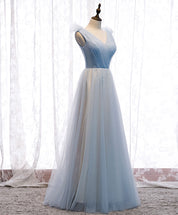 A-Line V-Neck Floor-Length Light Blue Tulle Prom Dress with Beaded Waist Detail