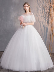 Ball Gown Illusion Off-the-Shoulder Floor-Length White Tulle Beaded Prom Dress