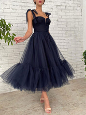 A-Line Sweetheart Tea-Length Navy Blue Tulle Prom Dress with Bow Shoulder Straps and Tiered Skirt