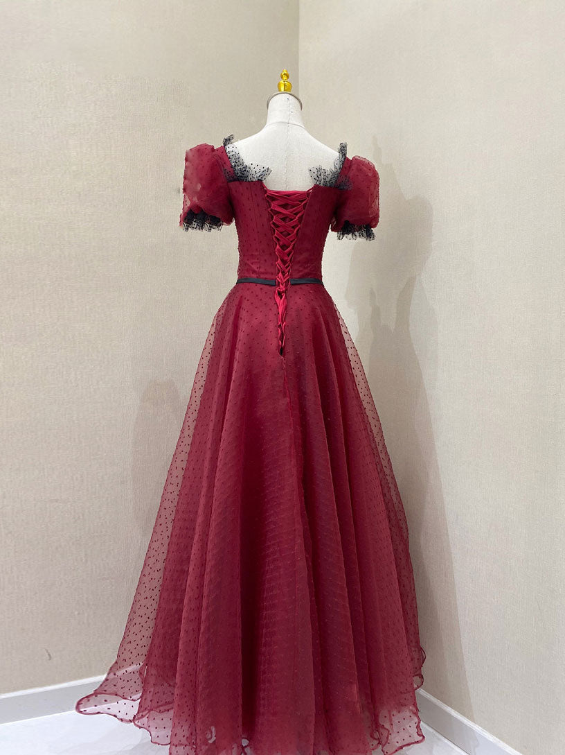 A-Line Square Neck Floor-Length Burgundy Tulle Lace Prom Dress with Puff Sleeves