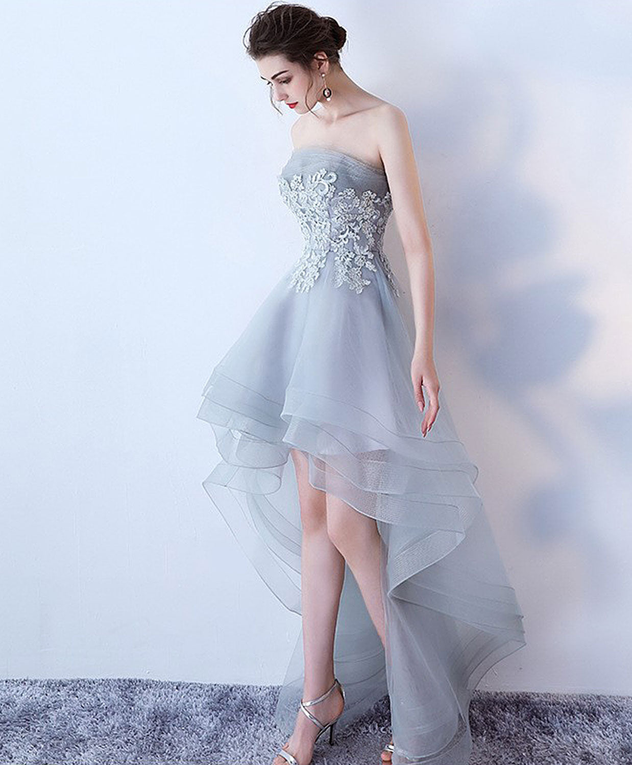 A-Line Strapless High-Low Tulle Homecoming Dress in Soft Gray with Lace Appliqué Bodice