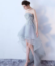 A-Line Strapless High-Low Tulle Homecoming Dress in Soft Gray with Lace Appliqué Bodice