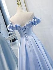 Ball Gown Sweetheart Neckline Floor-Length Light Blue Satin Prom Dress with Ruffled Off-Shoulder Sleeves