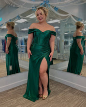 Sheath Off-the-Shoulder Floor-Length Emerald Satin Prom Dress with Corset Bodice and Slit