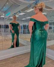 Sheath Off-the-Shoulder Floor-Length Emerald Satin Prom Dress with Corset Bodice and Slit