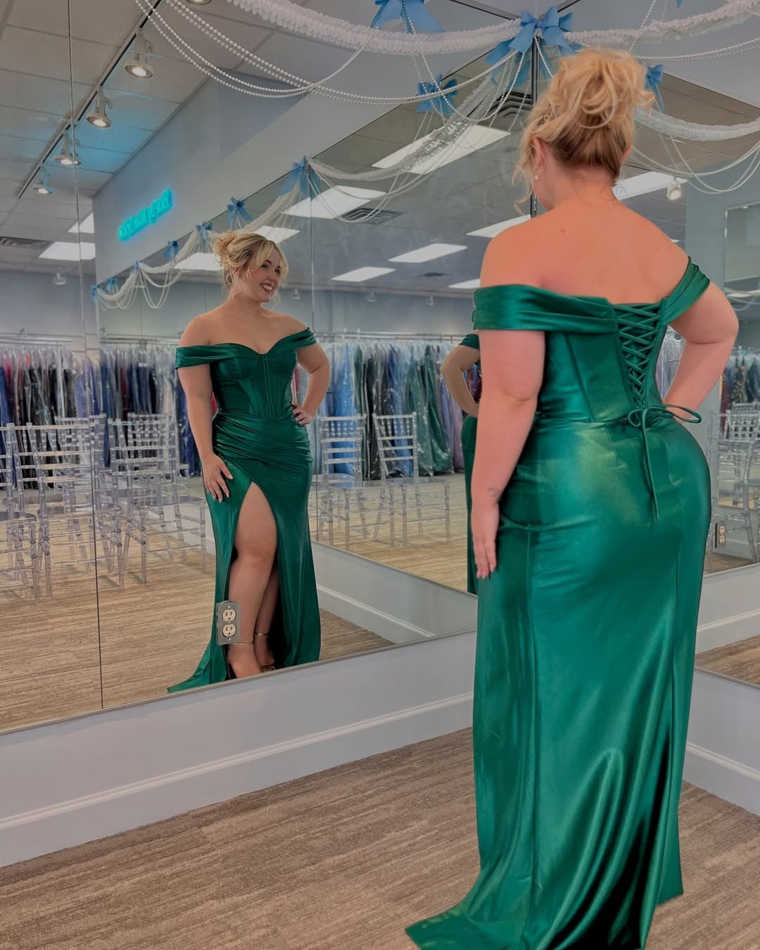 Sheath Off-the-Shoulder Floor-Length Emerald Satin Prom Dress with Corset Bodice and Slit