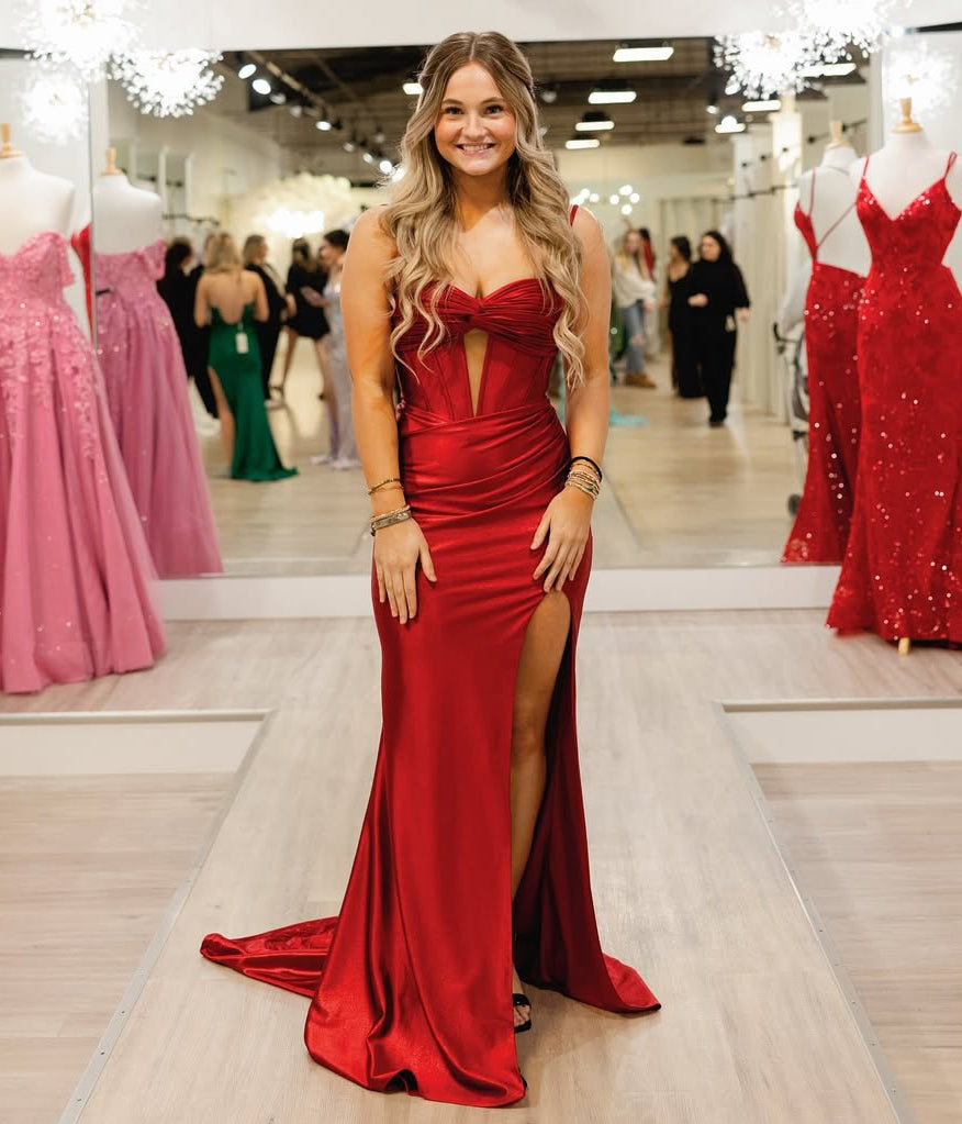 Sheath Sweetheart Neck Floor-Length Satin Red Prom Dress with Cutout Bodice and High Slit