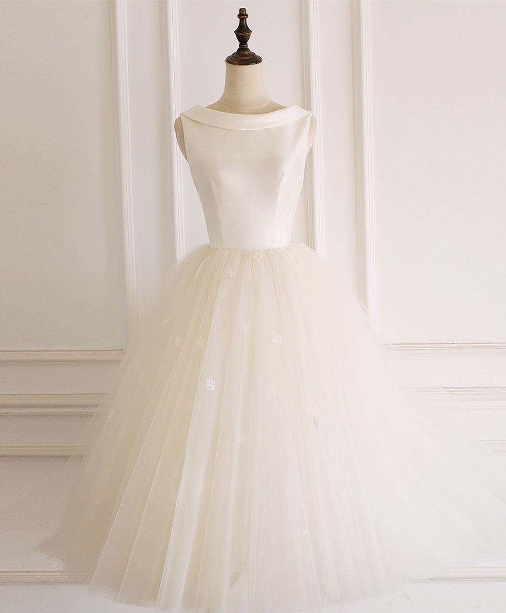 A-Line Bateau Neck Knee-Length Ivory Tulle and Beaded Homecoming Dress with Illusion Back