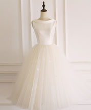 A-Line Bateau Neck Knee-Length Ivory Tulle and Beaded Homecoming Dress with Illusion Back