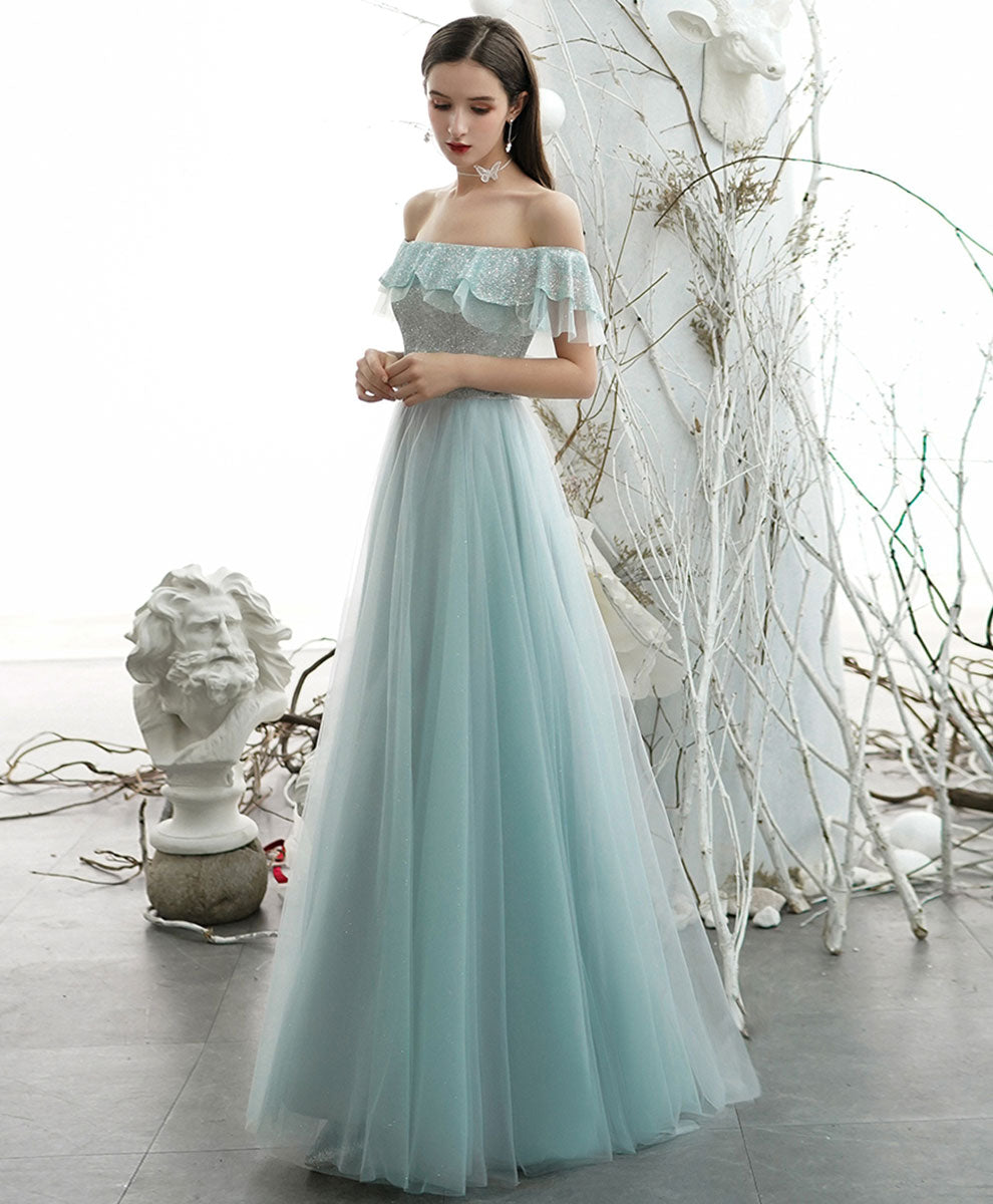 A-Line Off-the-Shoulder Floor-Length Mint Green Tulle Sequin Prom Dress with Ruffled Neckline
