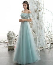 A-Line Off-the-Shoulder Floor-Length Mint Green Tulle Sequin Prom Dress with Ruffled Neckline