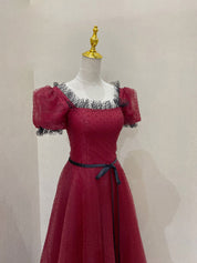 A-Line Square Neck Floor-Length Burgundy Tulle Lace Prom Dress with Puff Sleeves