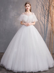Ball Gown Illusion Off-the-Shoulder Floor-Length White Tulle Beaded Prom Dress