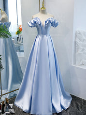 Ball Gown Sweetheart Neckline Floor-Length Light Blue Satin Prom Dress with Ruffled Off-Shoulder Sleeves