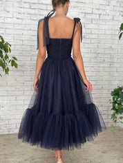 A-Line Sweetheart Tea-Length Navy Blue Tulle Prom Dress with Bow Shoulder Straps and Tiered Skirt