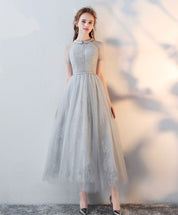 A-Line Peter Pan Collar Floor-Length Tulle Lace Homecoming Dress with Soft Pleated Bodice