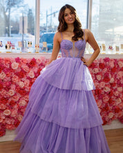Ball Gown Spaghetti Straps Sweetheart Floor-Length Lavender Tulle Prom Dress with Tiered Skirt
