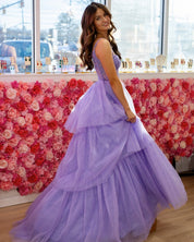 Ball Gown Spaghetti Straps Sweetheart Floor-Length Lavender Tulle Prom Dress with Tiered Skirt