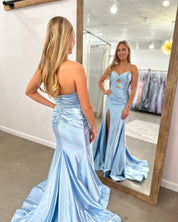 Sheath Sweetheart Neck Floor-Length Light Blue Satin Prom Dress with Ruched Cutout Bodice