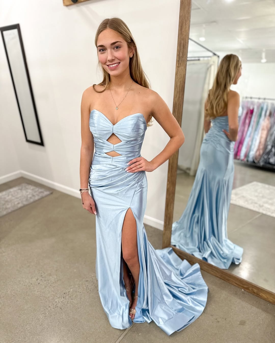 Sheath Sweetheart Neck Floor-Length Light Blue Satin Prom Dress with Ruched Cutout Bodice