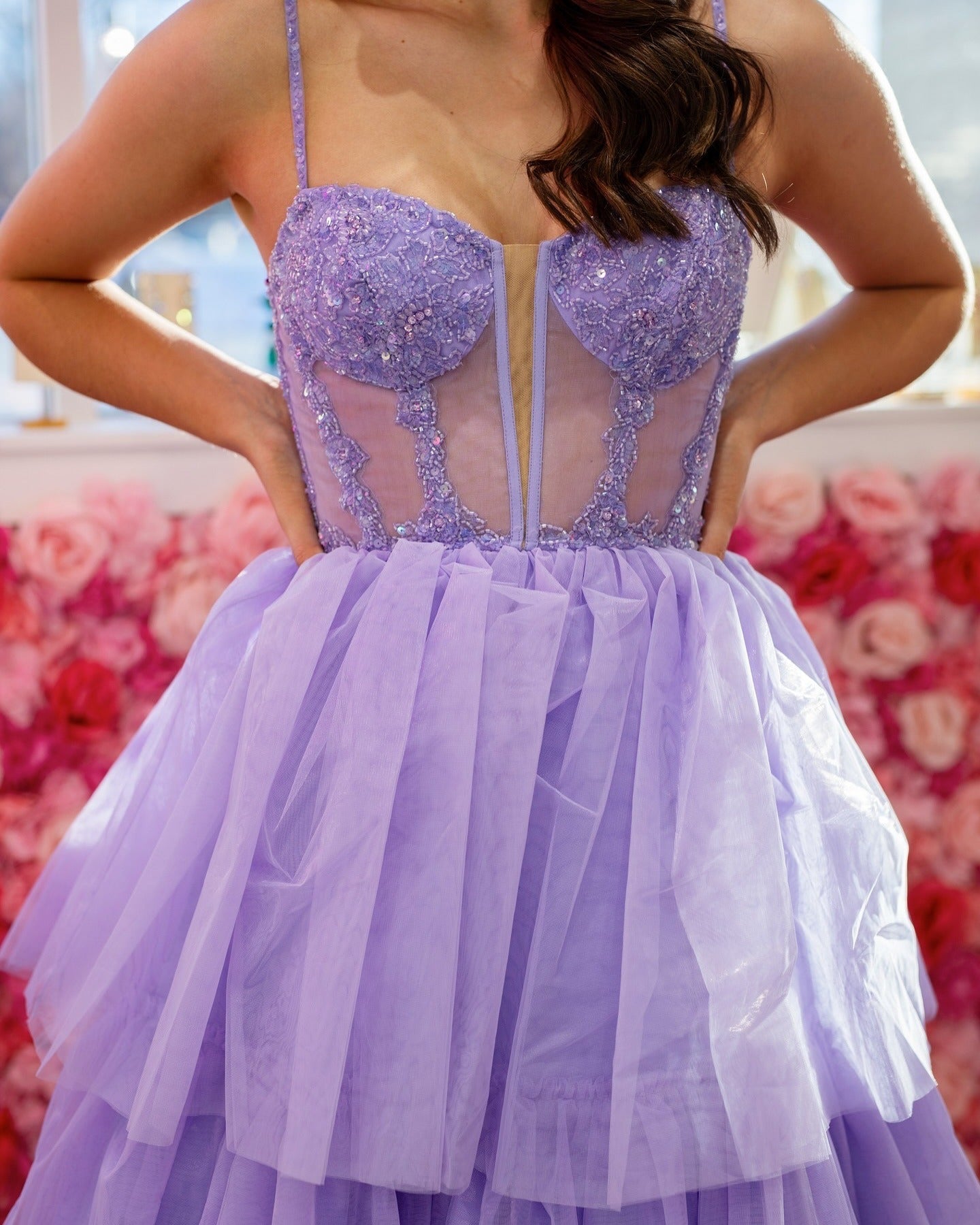Ball Gown Spaghetti Straps Sweetheart Floor-Length Lavender Tulle Prom Dress with Tiered Skirt