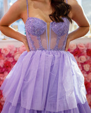 Ball Gown Spaghetti Straps Sweetheart Floor-Length Lavender Tulle Prom Dress with Tiered Skirt
