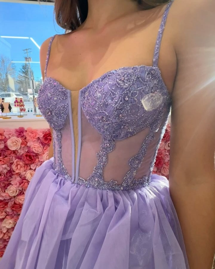 Ball Gown Spaghetti Straps Sweetheart Floor-Length Lavender Tulle Prom Dress with Tiered Skirt