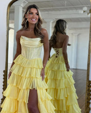 A-Line Strapless Floor-Length Yellow Chiffon Prom Dress with Tiered Ruffles and High Slit