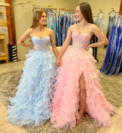 A-Line Sweetheart Floor-Length Tulle Pink Tiered Ruffle Prom Dress with Corset Bodice